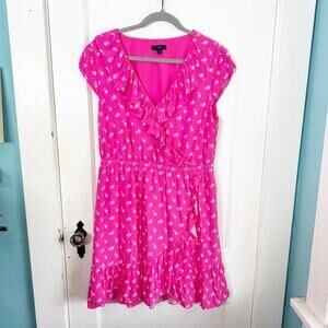 J. Crew V-Neck Ruffle A-Line Knee Length Dress Ditzy Floral Print Hot Pink 12